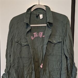 H&M Olive Button Down with Japan And  Embroidered Flowers